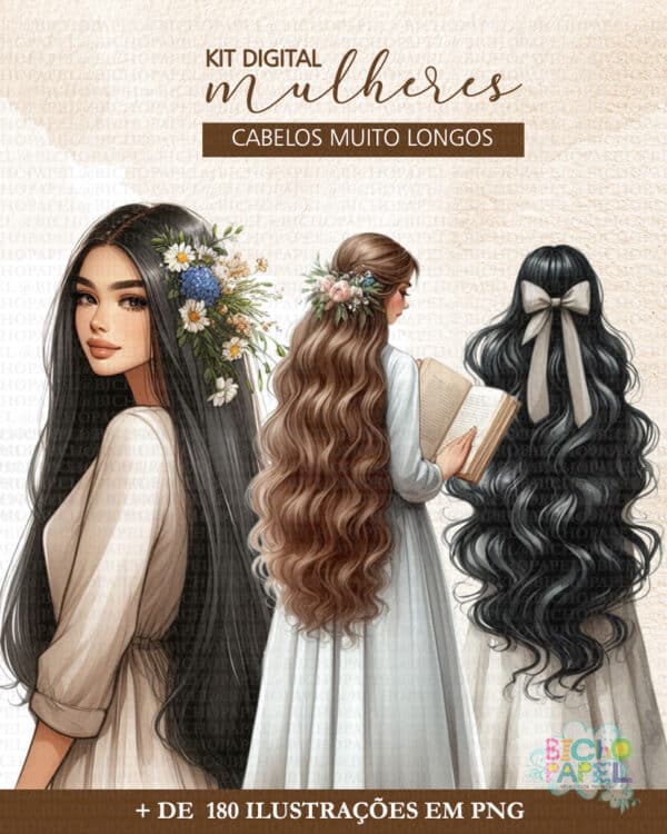 Kit Digital Mulheres Cabelos Muito Longos + de 180 Ilustrações - Imagem 5
