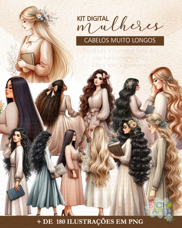 Kit Digital Mulheres Cabelos Muito Longos + de 180 Ilustrações - Imagem 2