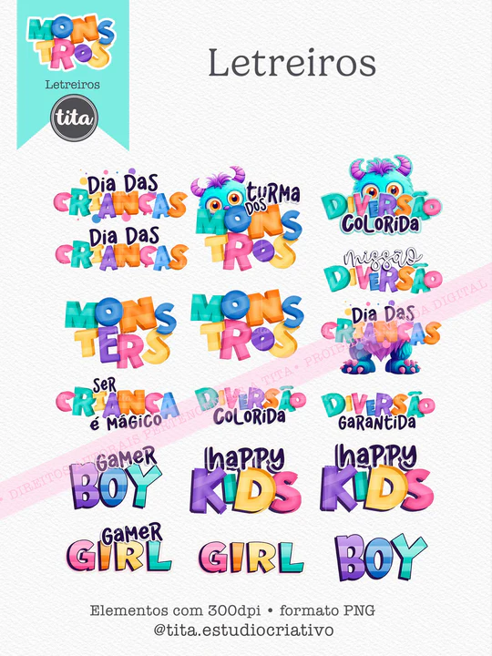 preview_letreiros_41b47620-d832-464b-9b13-cbc8a286ac7a_540x Monstros Kids - Combo Ilustrações e Papéis - Imagem 9