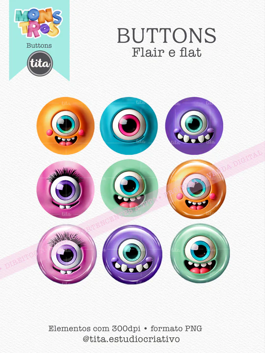 preview_monstrosButtons_540x Monstros Kids - Combo Ilustrações e Papéis - Imagem 7