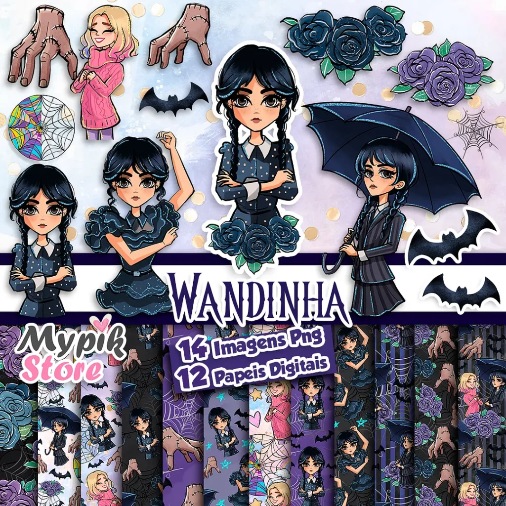 Kit Digital Wandinha Imagens Png e Papeis Digitais - Imagem 1
