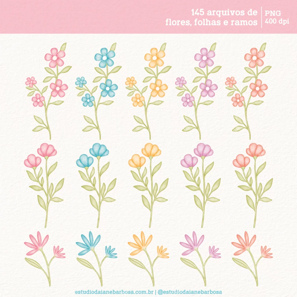Kit Digital Flores – Cliparts em aquarela - Imagem 6