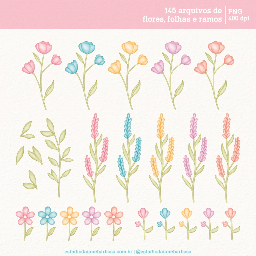 Kit Digital Flores – Cliparts em aquarela - Imagem 2