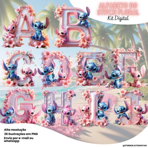 Kit Digital Alfabeto do Stitch Floral