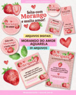 KIT DIGITAL MORANGO DO AMOR AQUARELA | EMBALAGENS DE PAPELARIA