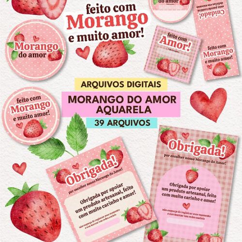 KIT DIGITAL MORANGO DO AMOR AQUARELA | EMBALAGENS DE PAPELARIA