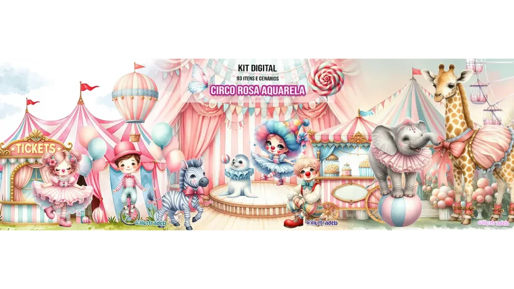 Kit Digital Circo Rosa Aquarela - Imagem 1