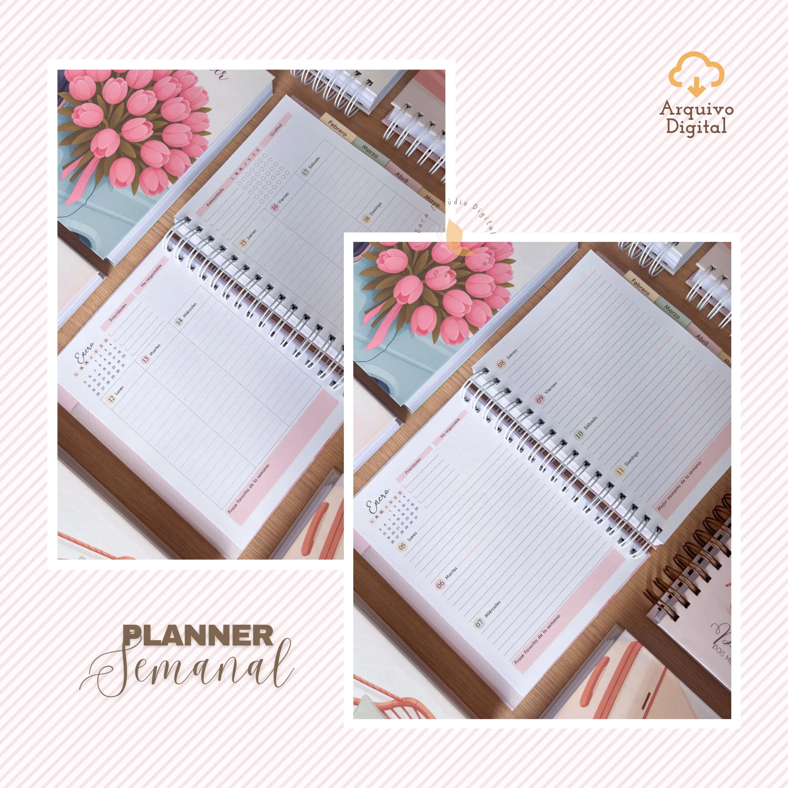 Planner semanal A5 2026 – 2 EN 1 - Español (8 colores) Archivo digital: Planner semanal A5 2026 – 2 EN 1 – Español (8 colores) - Imagem 1