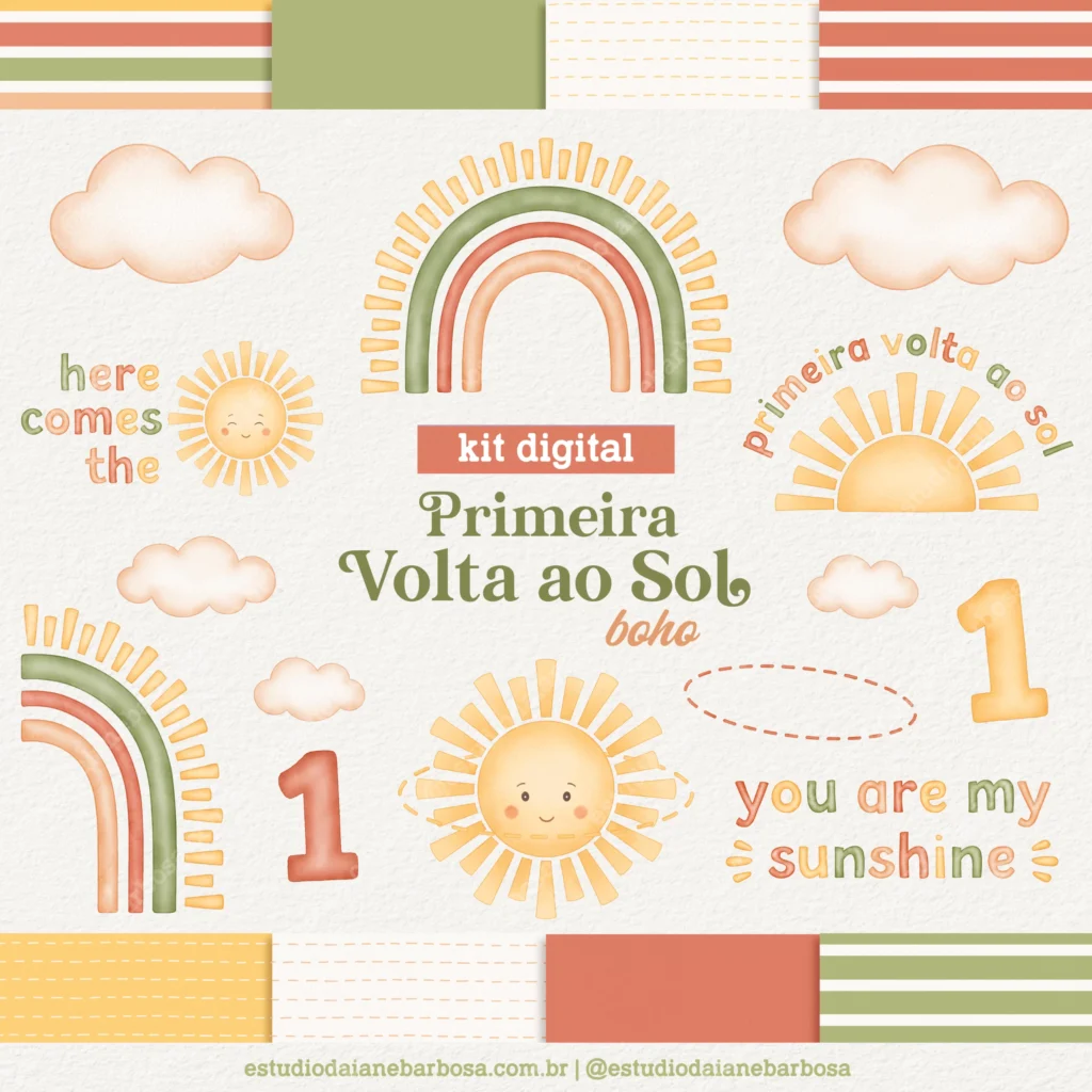 Kit Digital Primeira Volta ao Sol (Boho) – Cliparts em aquarela - Imagem 1