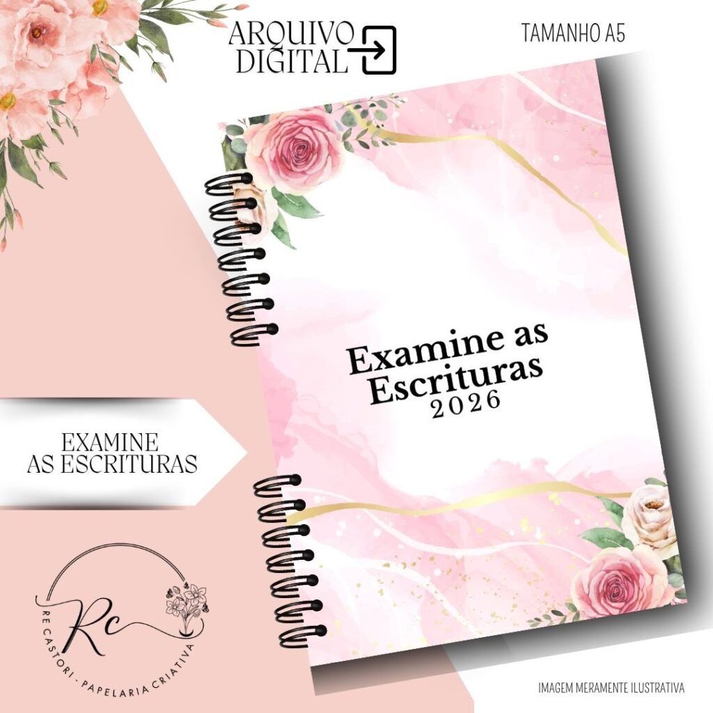 ARQUIVO DIGITAL CADERNO EXAMINE AS ESCRITURAS – PERMANENTE (2026) – Floral Rosa - Imagem 1