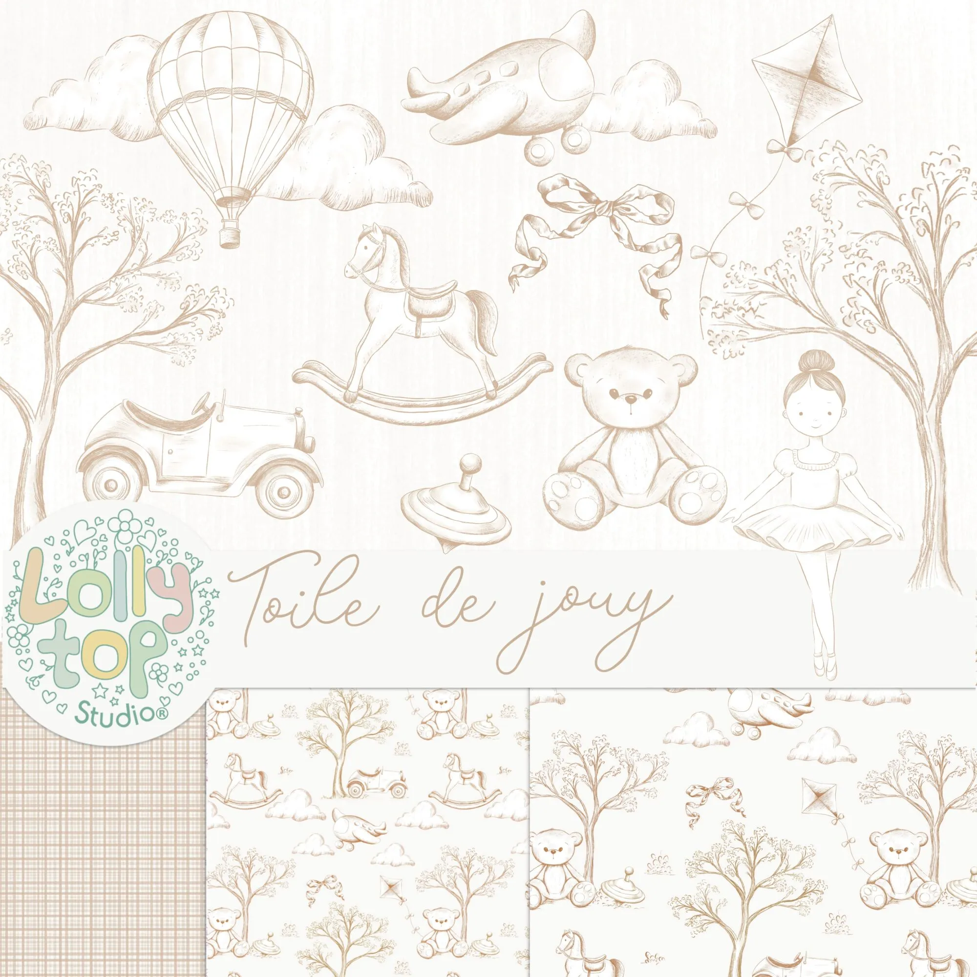 Toile de jouy – Brinquedos – Beje.jpg Kit Digital Toile de jouy – Brinquedos – beige - Imagem 1