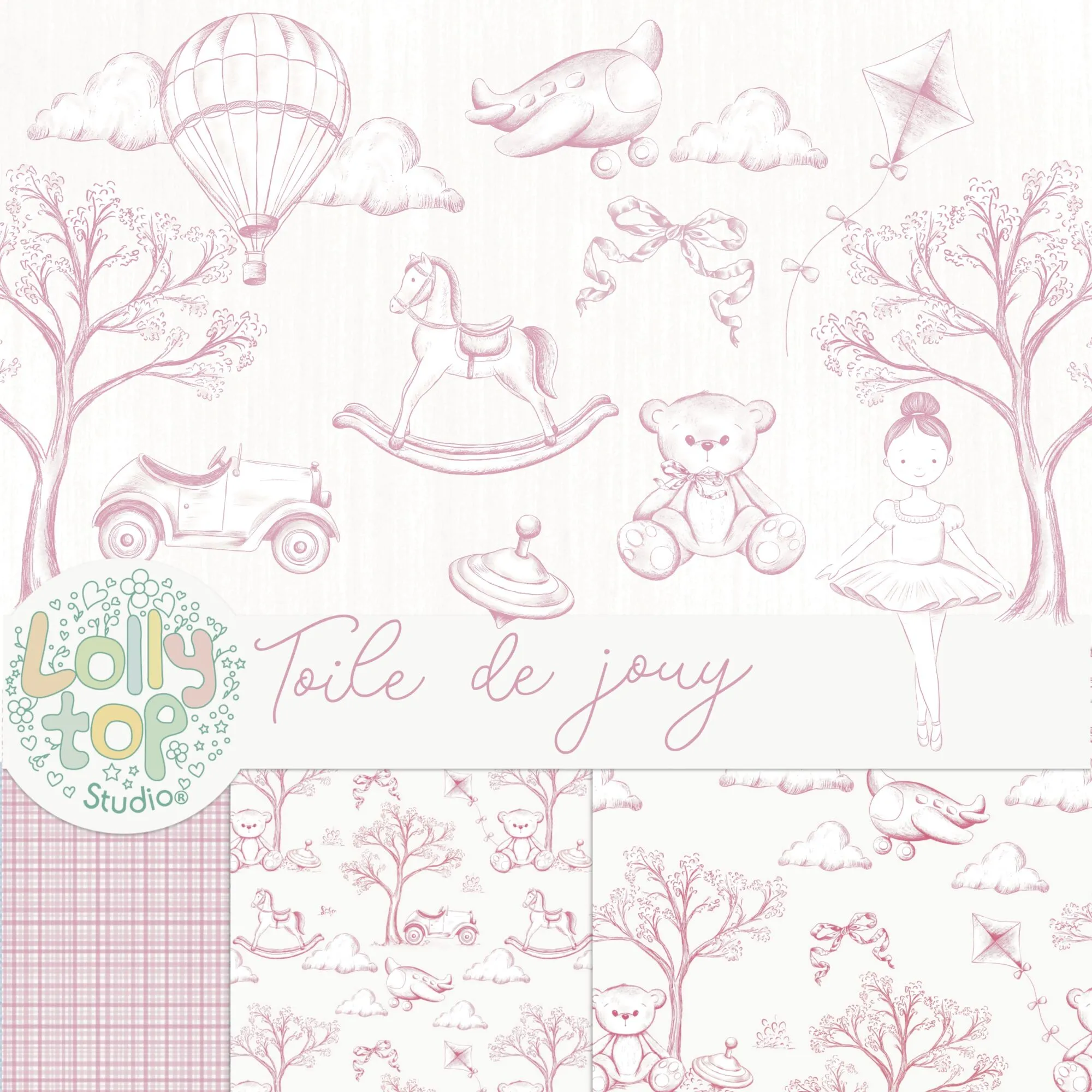 Toile de jouy – Brinquedos – Rosa.jpg Kit Digital Toile de jouy – Brinquedos – Rosa - Imagem 1