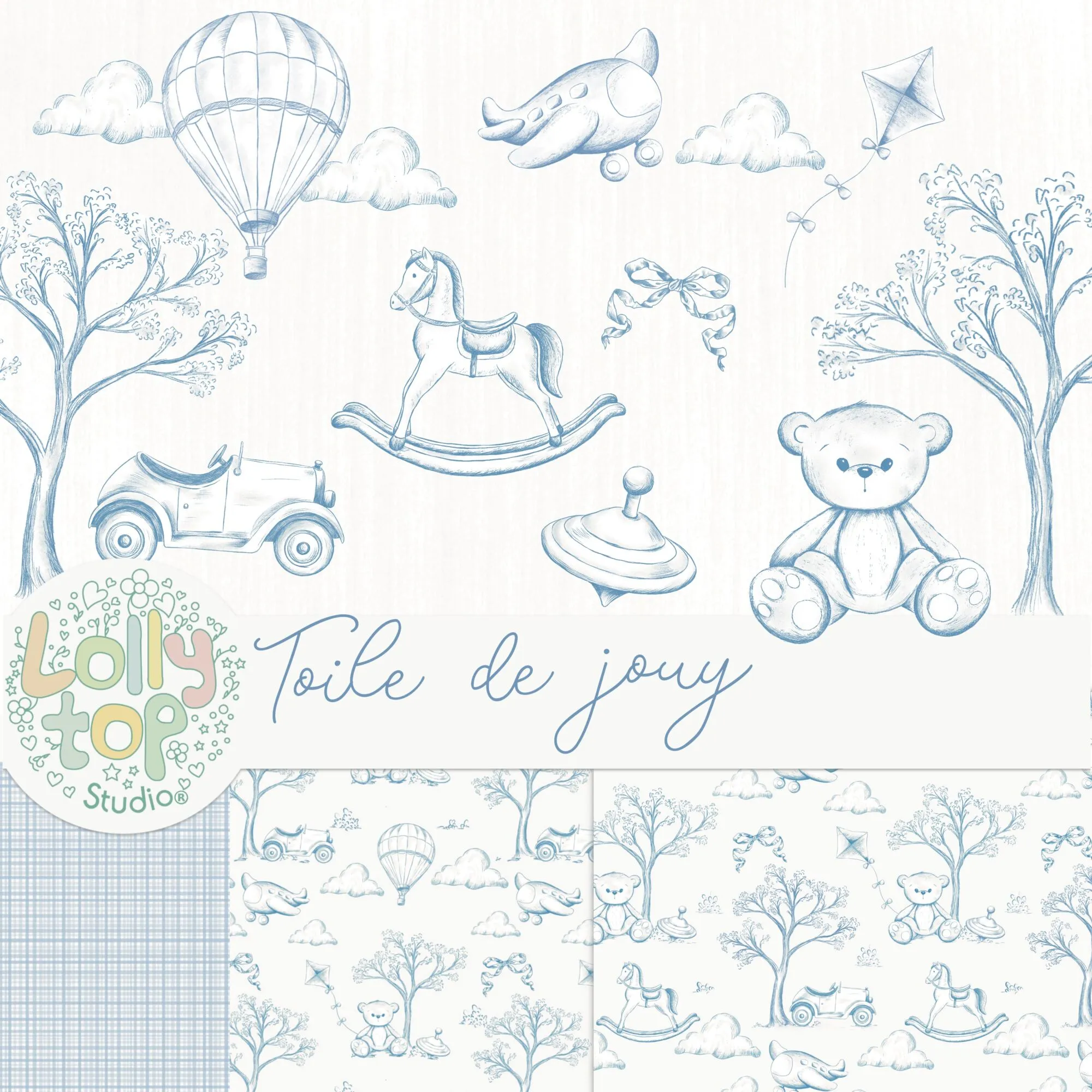 Toile de jouy – Brinquedos – azul.jpg Kit Digital Toile de jouy – Brinquedos – azul - Imagem 1