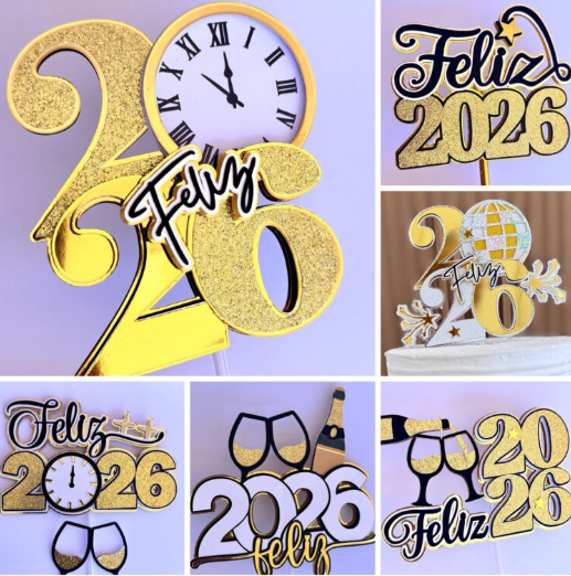 Topper de Luxo Arquivo de corte 13 Topos de Bolo Ano Novo 2026 - Imagem 1