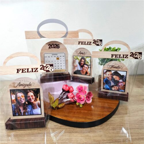 4 Mini calendários de mesa com foto, tipo madeira – 2026