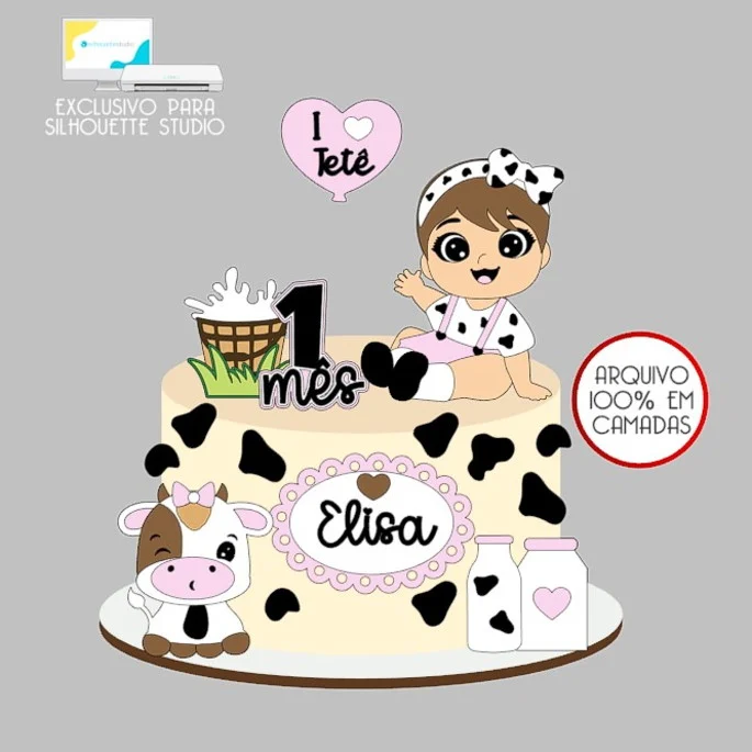 724 - Arquivo Topo de Bolo Vaquinha Eu Amo Tetê Menina Arquivo de Corte Topo de Bolo Vaquinha Eu Amo Tetê - Imagem 1