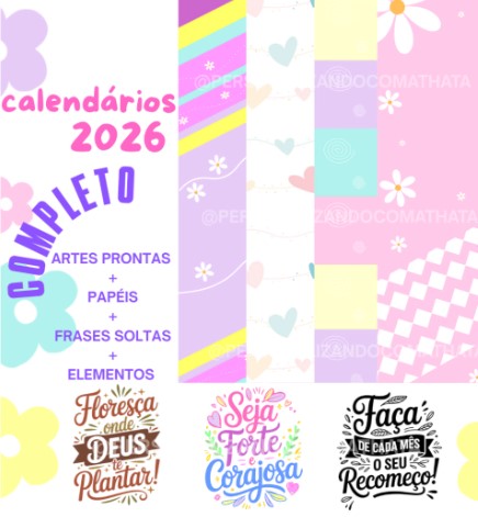 Arquivo digital calendários 2026 (com papéis, elementos, frases)