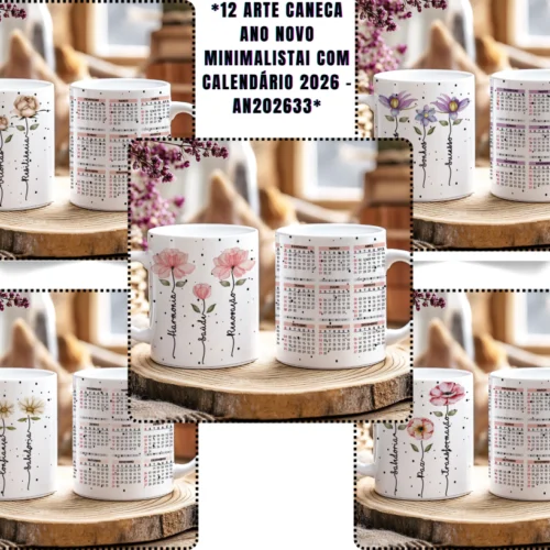 12 ARTE CANECA ANO NOVO MINIMALISTA COM CALENDÁRIO 2026