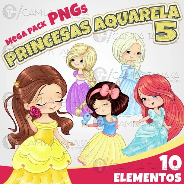 610 (12) Kit Digital Princesas Disney Aquarela - Imagem 1