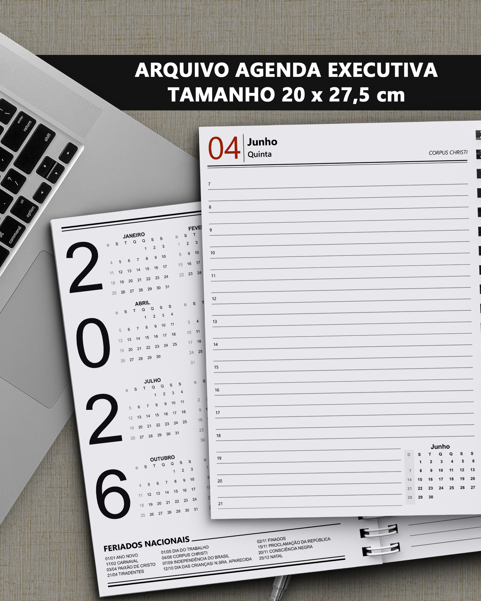 Agenda_Executiva_20x27,5_2026 Arquivo Agenda Executiva 2026 tamanho 20 x 27.5 cm A4 com 1 dia por página - Imagem 1