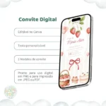 Convite de Aniversário – Morangos e Laços- LINK CANVA - Imagem 3