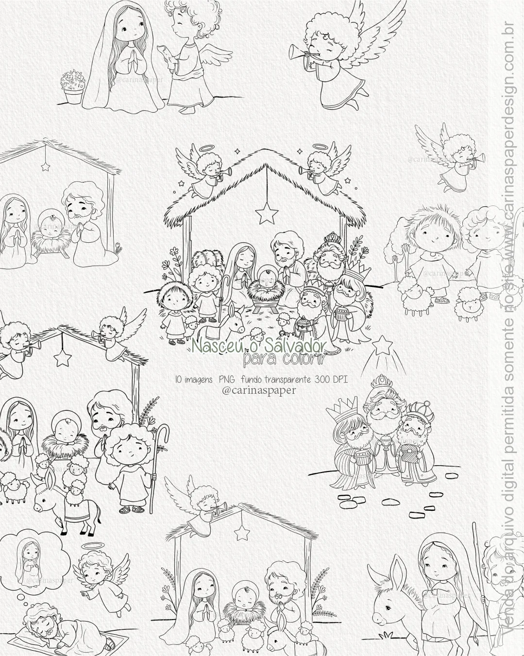 Kit-ILustracoes-para-colorir-PNG-Nasceu-o-Salvador Kit Digital Ilustrações Colorir PNG Nasceu o Salvador - Imagem 1