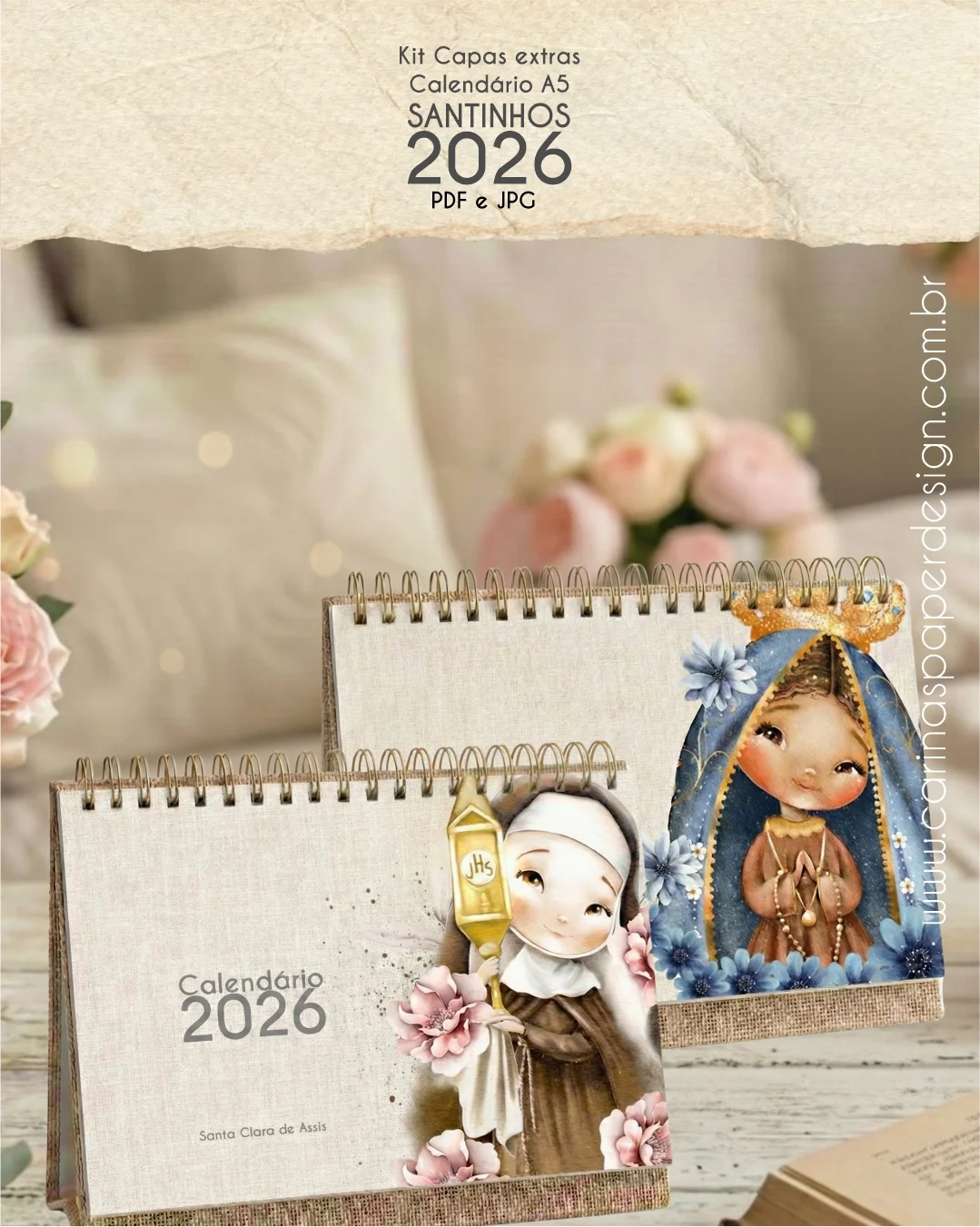 Kit extra com 12 Capas para calendário de mesa A5 2026 santinhos PDF Kit extra com 12 Capas para calendário de mesa A5 2026 santinhos - Imagem 1