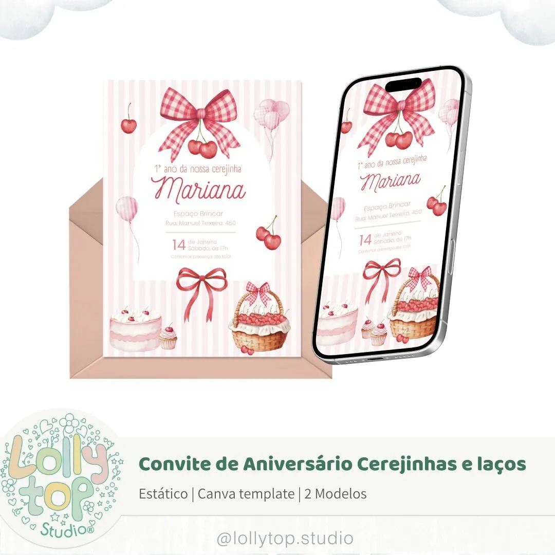 Link CANVA - Convite de Aniversário - Cerejinhas e Laços Convite de Aniversário – Cerejinhas e Laços- LINK CANVA - Imagem 1