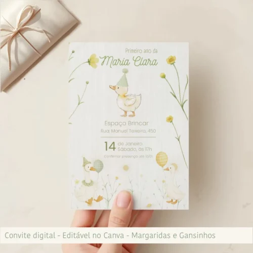 Convite de Aniversário – Margaridas e Gansinhos- LINK CANVA