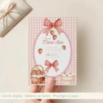 Convite de Aniversário – Morangos e Laços- LINK CANVA