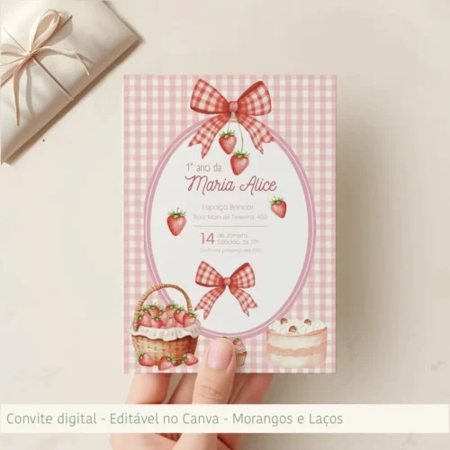 Convite de Aniversário – Morangos e Laços- LINK CANVA