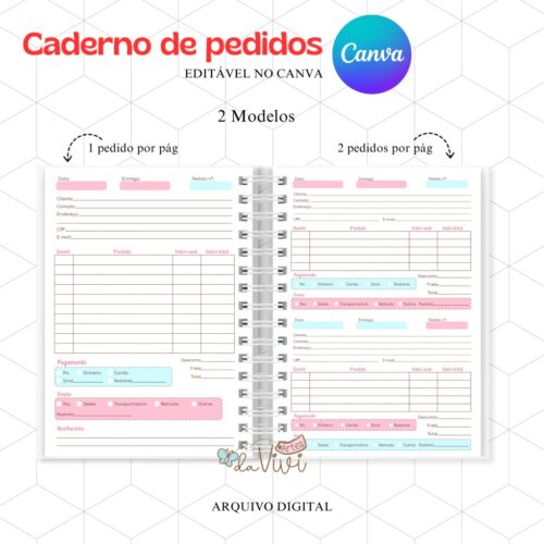 Caderno de Pedidos e Financeiro - EDITÁVEL no Canva - Arquivo digital