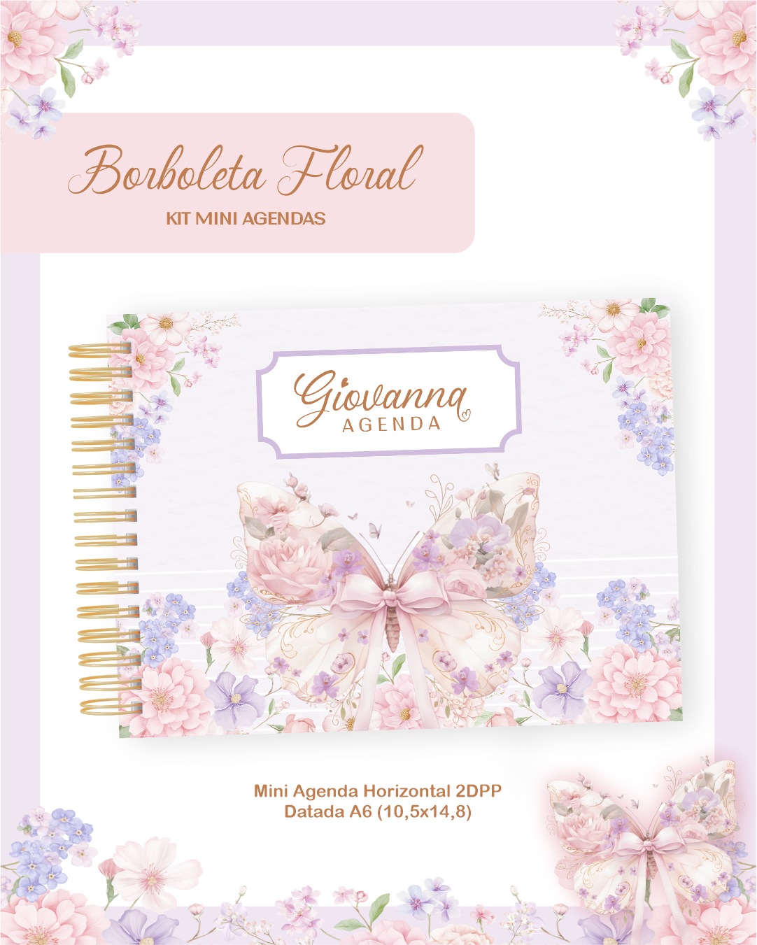 2) BORBOLETA FLORAL KIT MINI AGENDAS HORIZONTAIS A6 - BORBOLETA FLORAL - Imagem 1