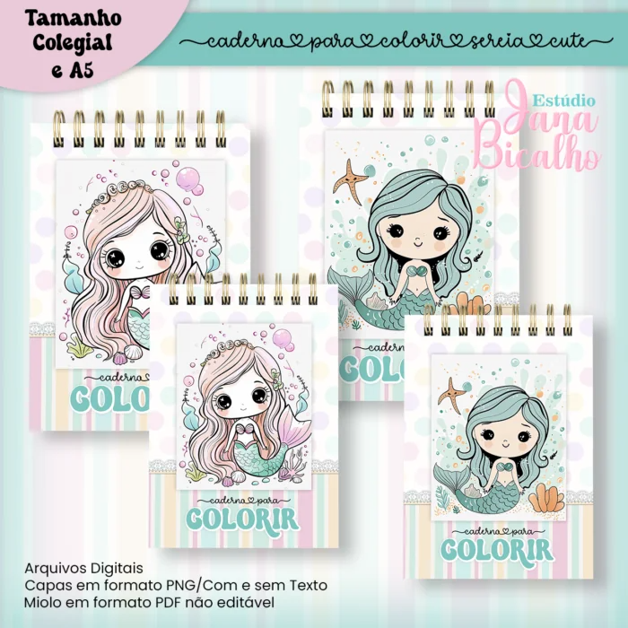 Caderno Para Colorir Sereia Cute – COLEGIAL e A5 Caderno Para Colorir Sereia Cute – COLEGIAL e A5 - Imagem 1