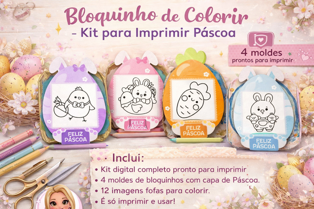 Bloquinho de Colorir - Kit para Imprimir e Colorir Kit para Imprimir e Colorir Páscoa - Imagem 1