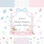 Kit Digital Coleção Flores Suaves, Aquarela Rosa e Azul Claro