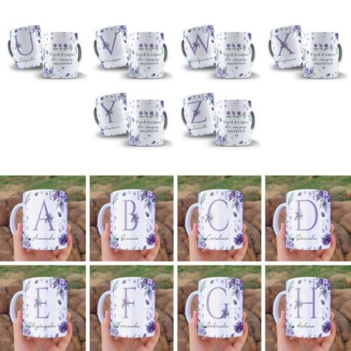Arte Digital para Caneca Alfabeto Floral Lilás