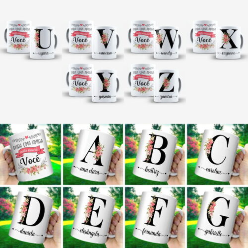 Arte Digital para Caneca Amigas Alfabeto Floral