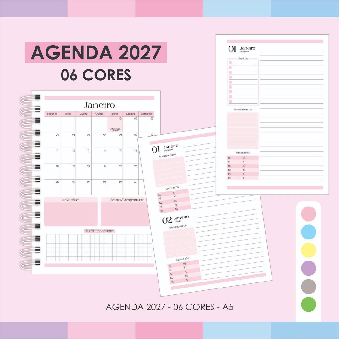 Valor- 20,00Arquivo Agenda 2027 - 06 CoresTamanho- a5 Cor- Rosa, Amarelo, Cinza, Azul, Lilás e V Arquivo Agenda 2027 - 06 Cores - Imagem 1