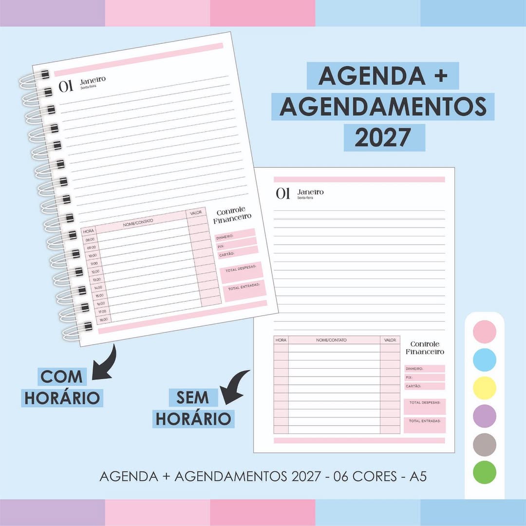 Valor- 20,00Arquivo Agenda + Agendamentos 2027 - 06 CoresTamanho- a5 Cor- Rosa, Amarelo, Cinza, Arquivo Agenda + Agendamentos 2027 - 06 Cores - Imagem 1