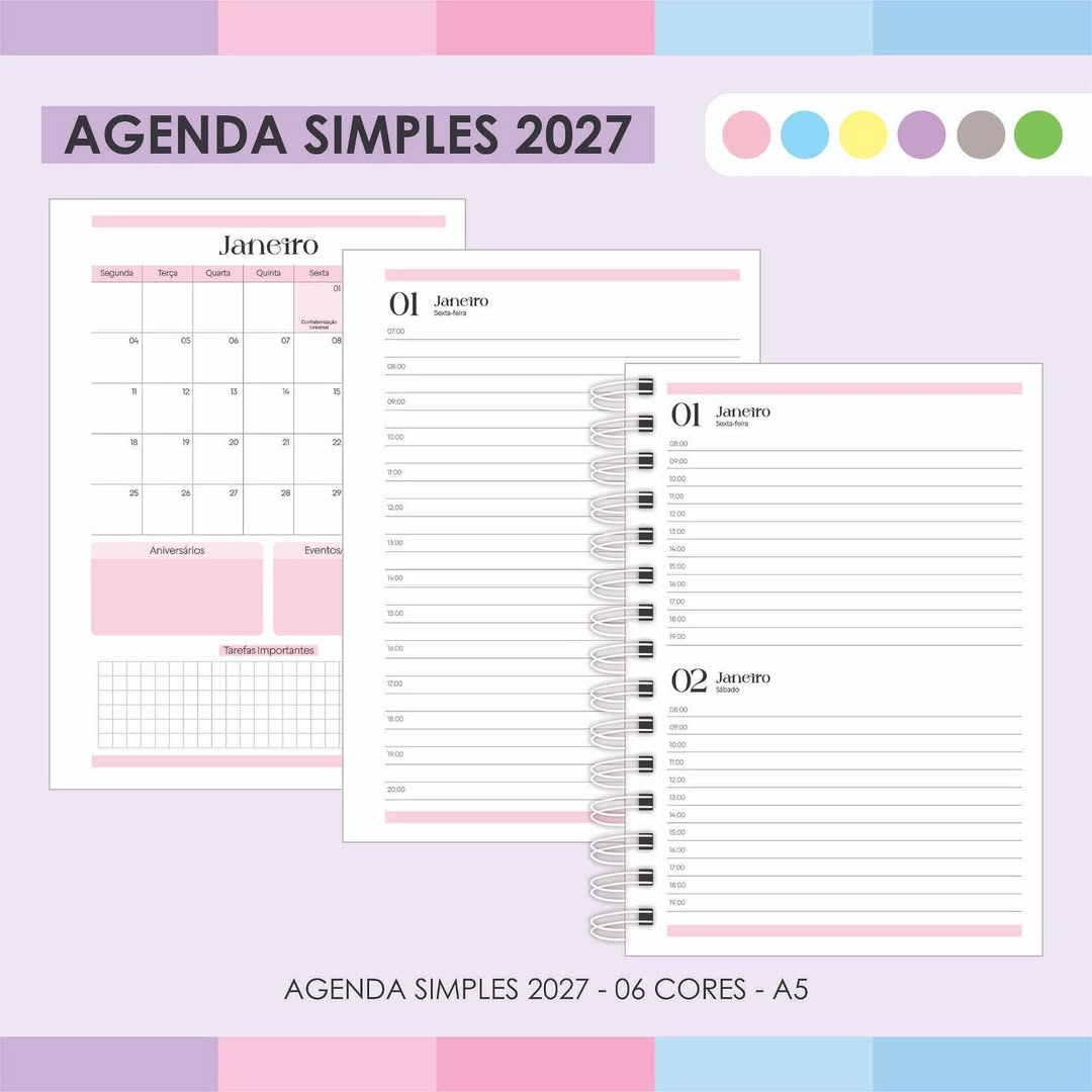 Valor- 20,00Arquivo Agenda Simples 2027 - 06 CoresTamanho- a5 Cor- Rosa, Amarelo, Cinza, Azul, L Arquivo Agenda Simples 2027 - 06 Cores - Imagem 1