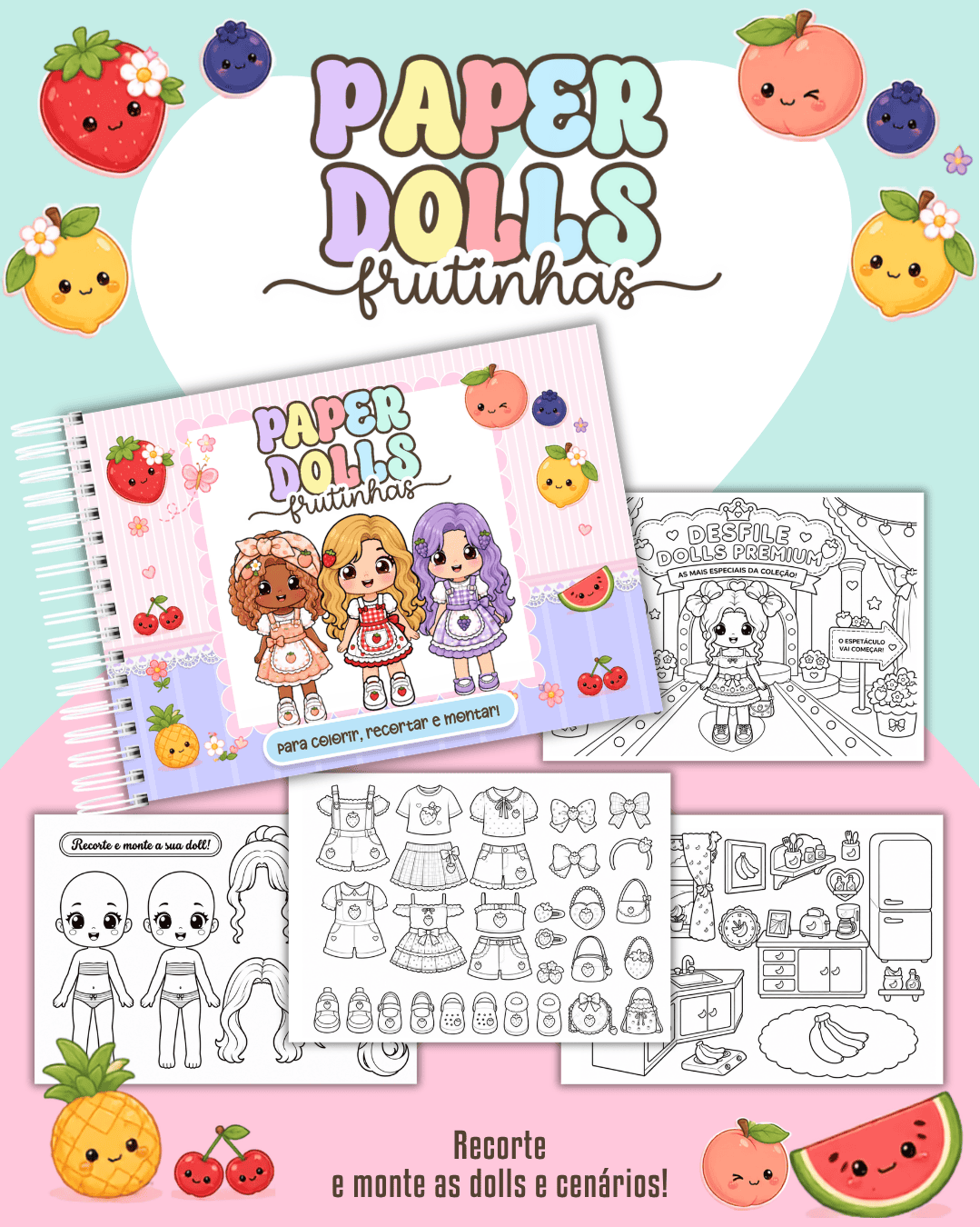 1) FRUTINHAS Livrinho Para Colorir Paper Dolls Frutinha - Imagem 1