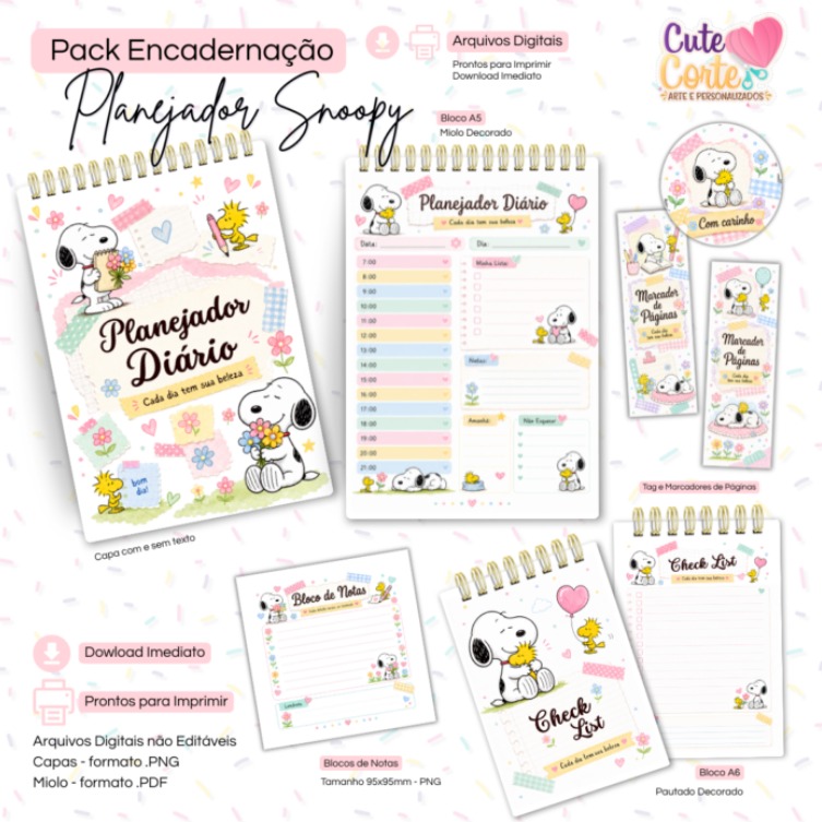 Pack Planejador Snoopy - Bloco Decorado A5 + Checklist A6 + Extras Arquivo Pack Planejador Snoopy – Bloco Decorado A5 + Checklist A6 + Extras - Imagem 1