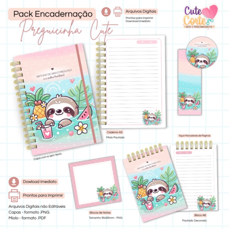 Preguicinha Cute - Caderno Pautado A + Bloquinho A6 + Extras Arquivo Preguicinha Cute – Caderno Pautado A + Bloquinho A6 + Extras - Imagem 1