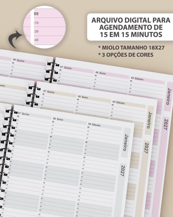 Arquivo Kit Agendamento Semanal 2027 de 15 em 15 minutos em 3 Cores - Imagem 1