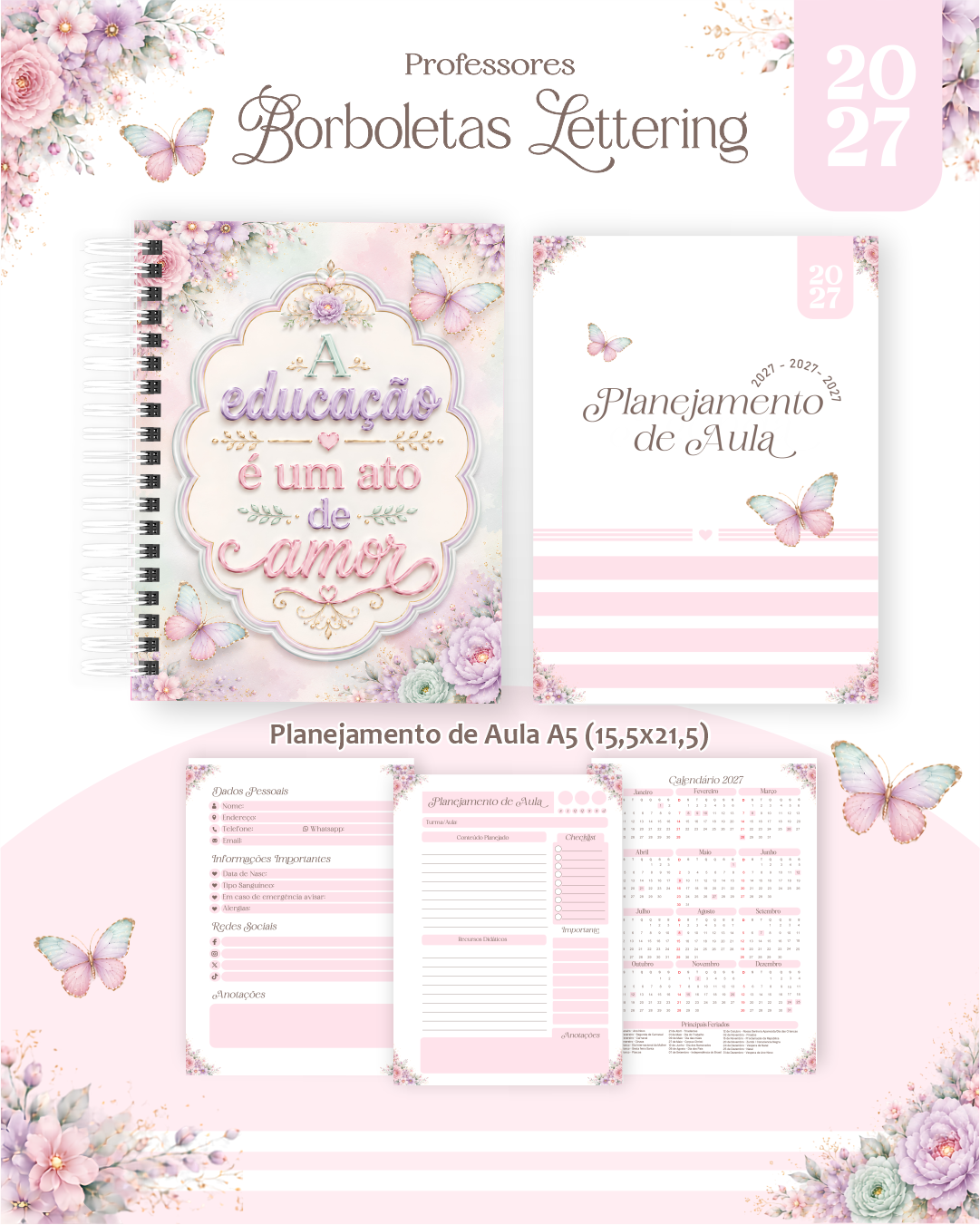 2) BORBOLETAS LETTERING Arquivo Volta às Aulas Professores Borboletas Lettering 2027 - Imagem 1