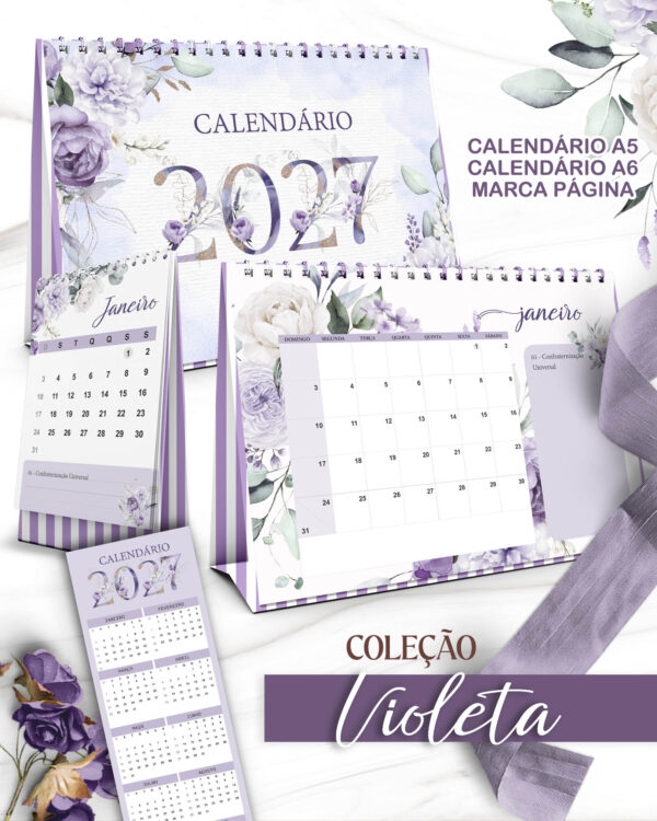 Arquivo Kit Calendários de Mesa 2027 A5 A6 e Calendário Marca Página Coleção Violeta - Imagem 1