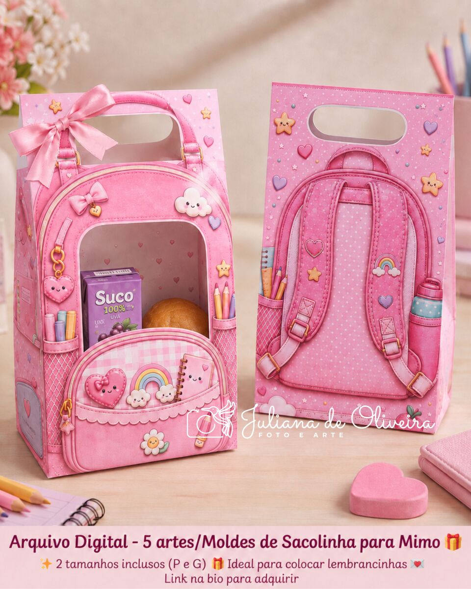 large Arquivo Digital em PDF – 5 Artes | Tamanhos G + P Moldes de Sacolinhas Mochila – Tema Escolar - Imagem 1