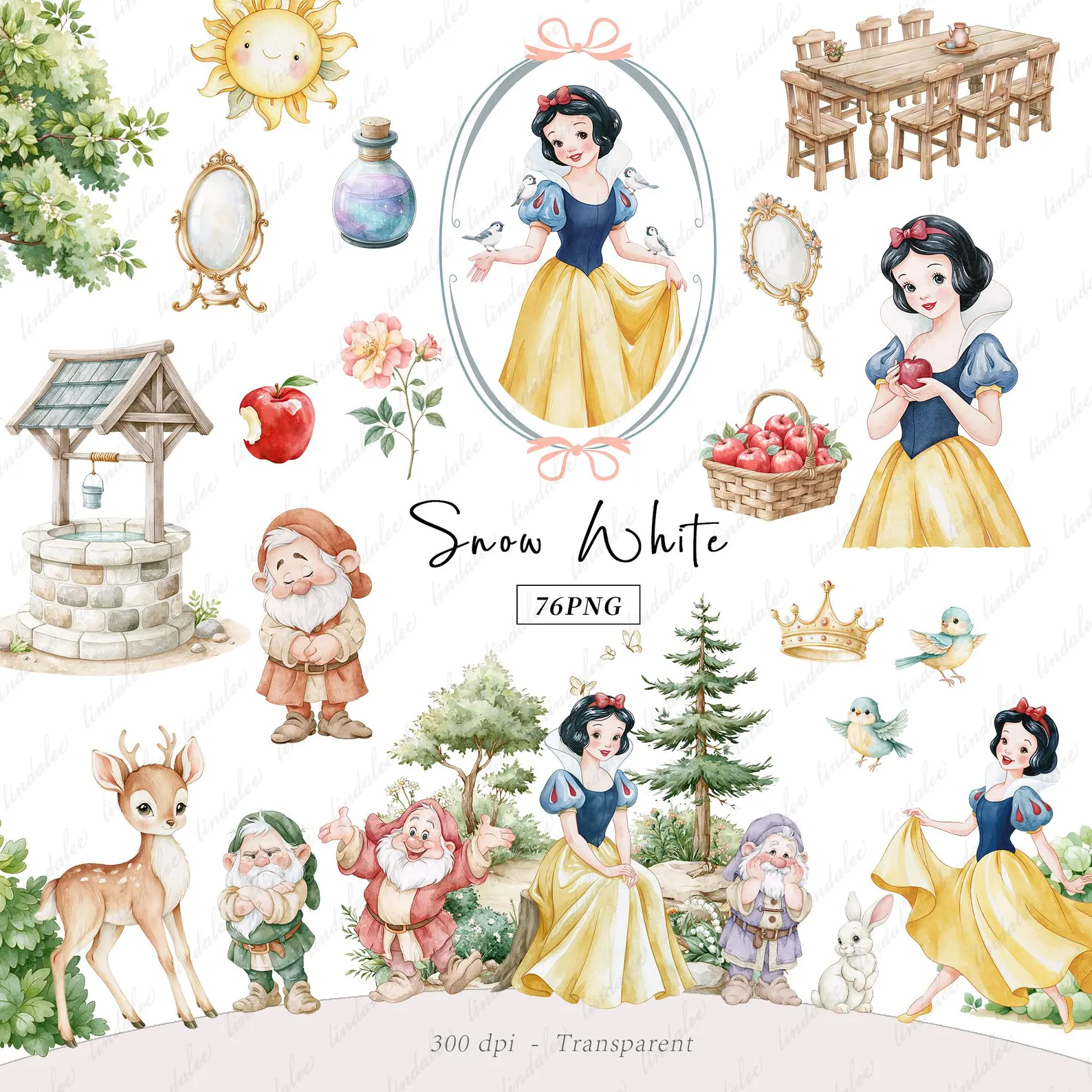 Clipart em aquarela da Branca de Neve • Conjunto de clipart de princesa de conto de fadas.jpg Kit Digital Branca de Neve - Imagem 1