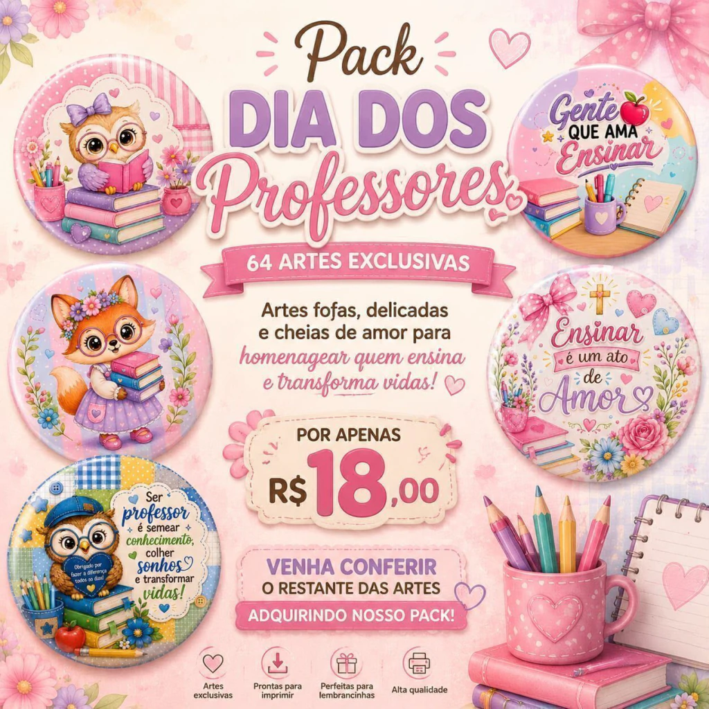 Pack Dia dos Professores – 64 Artes Exclusivas Kit Bottons Dia dos Professores - Imagem 1